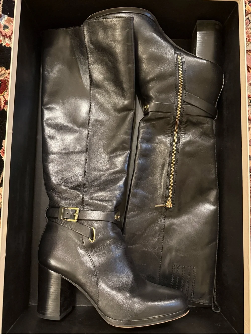 Michael Kors Black Leather Knee High Boots with Gold Accents